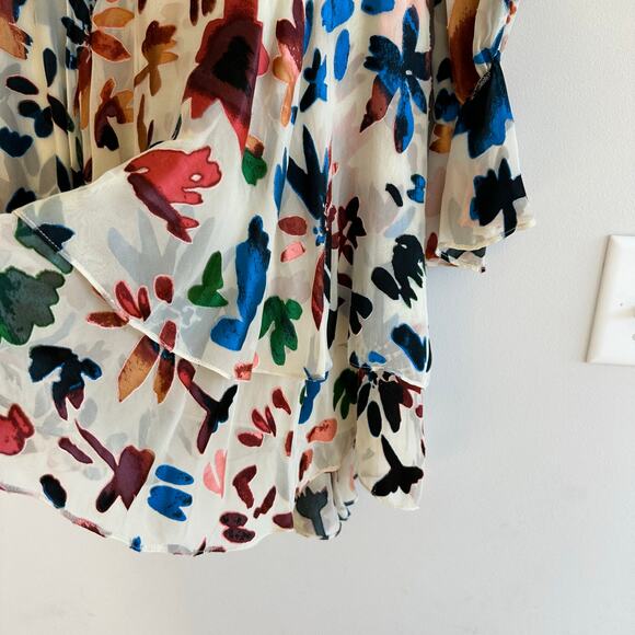 Alice + Olivia Moore Velvet Floral Print Tiered Mini Dress Cream/Blue XS - Picture 9 of 13